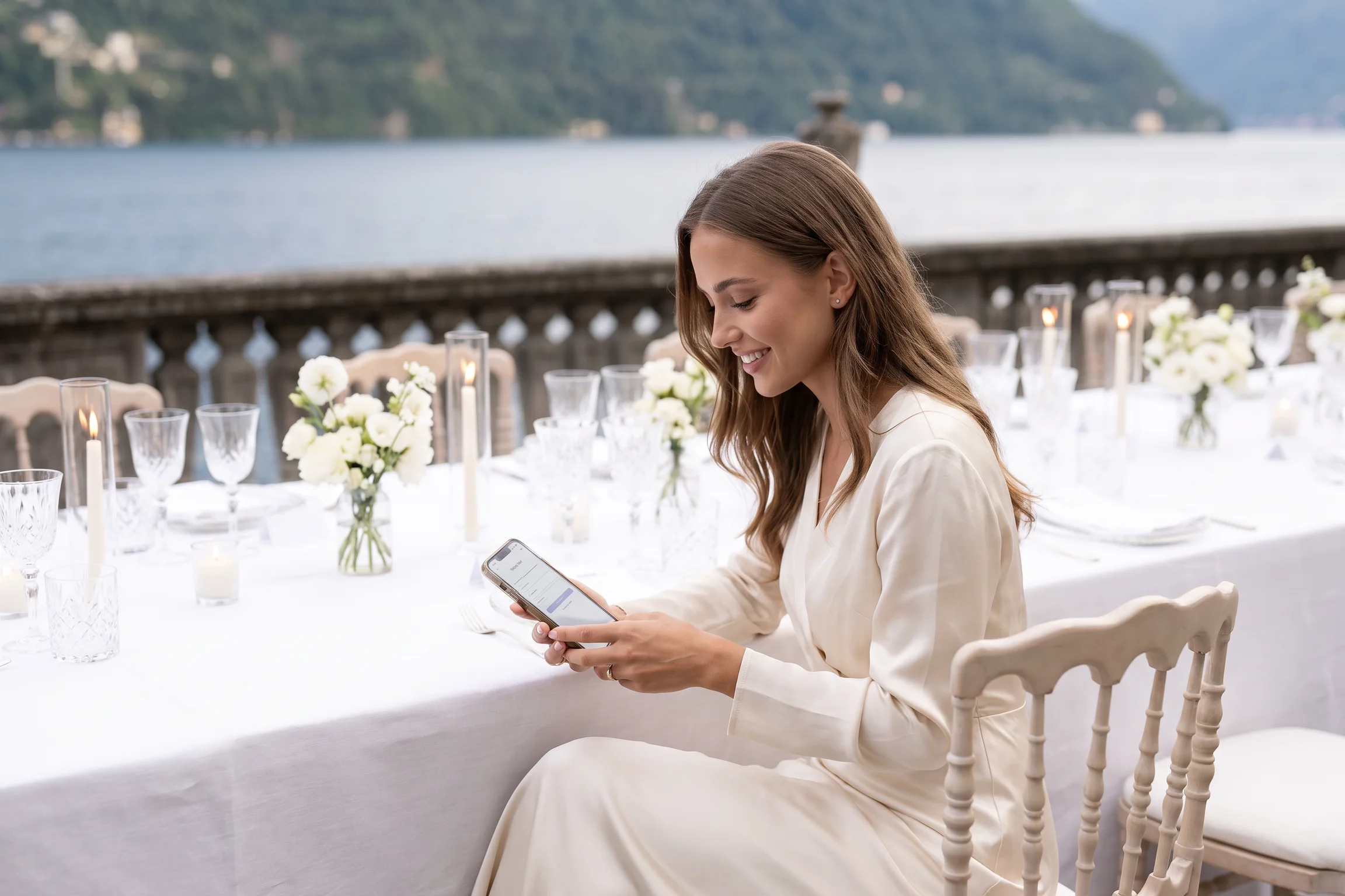 Wedding guest in a cream dress typing her email into her phone at the lakeside reception table