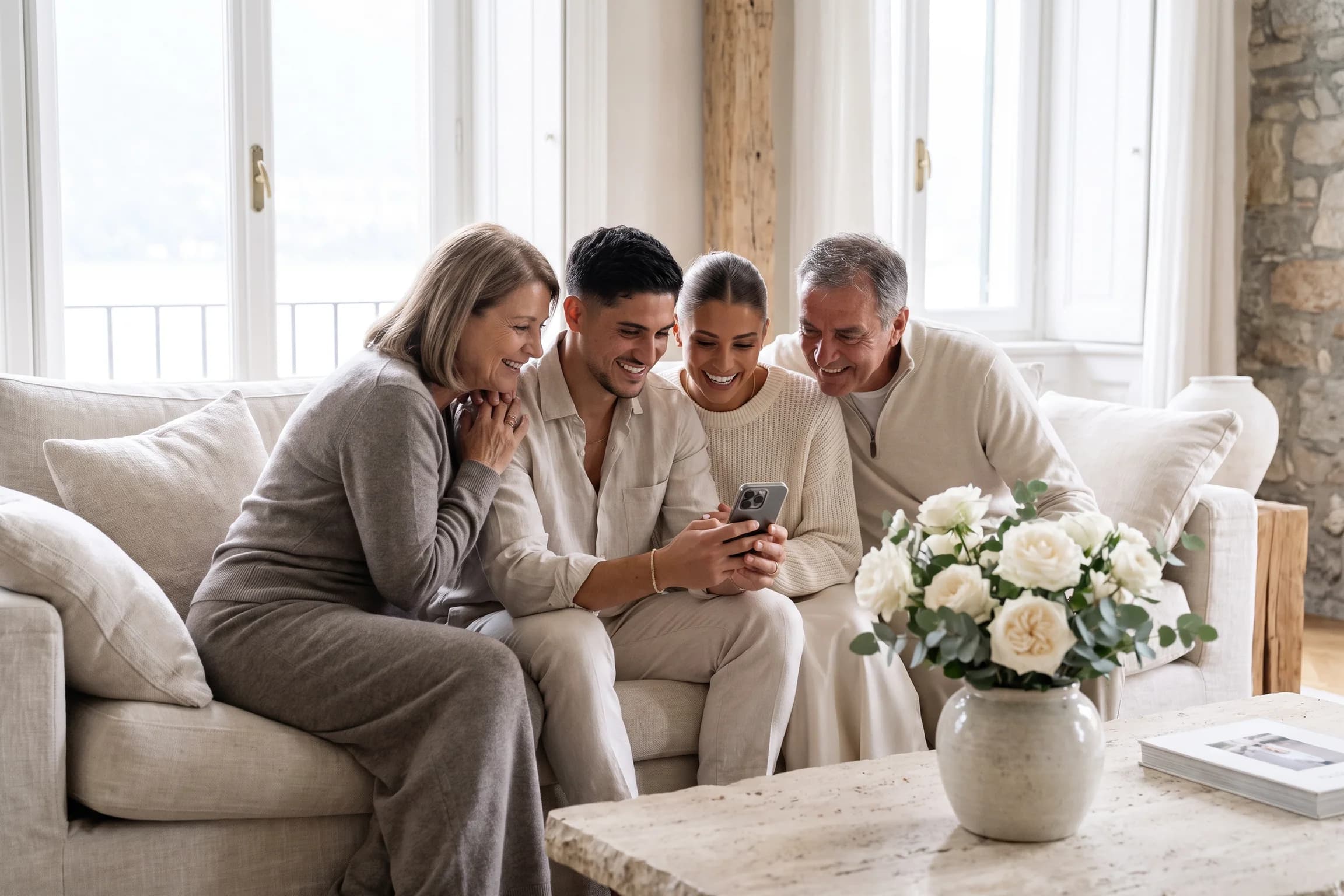 Newlyweds and parents on a linen sofa at home, looking through the wedding photos on a phone