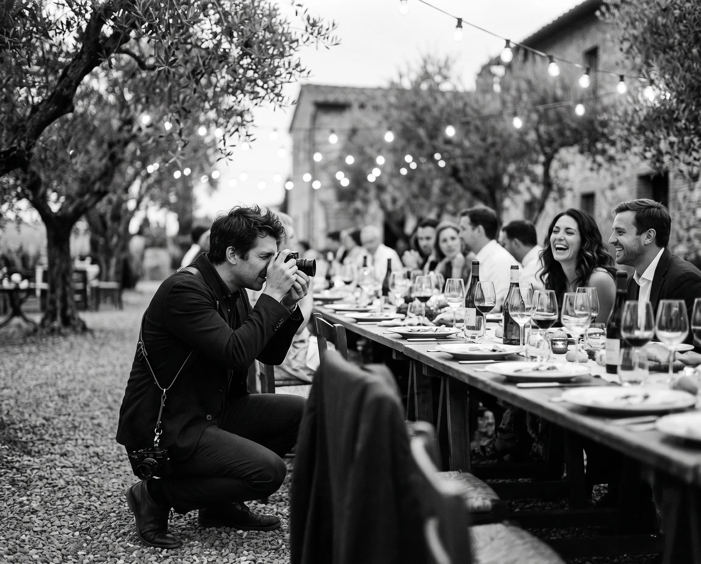 Photographer capturing guests at a long table under olive trees