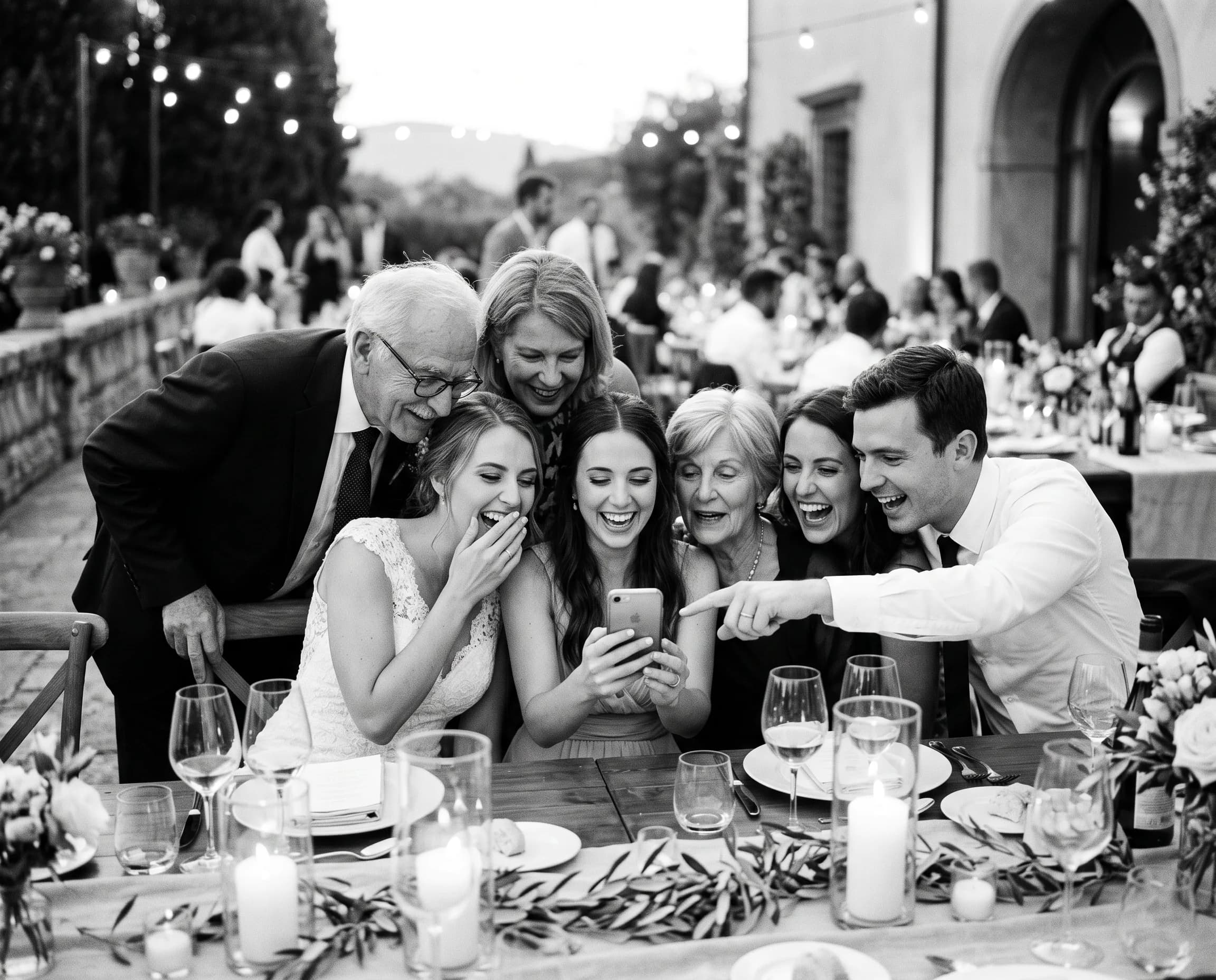Family gathered around one phone, laughing at the wedding table